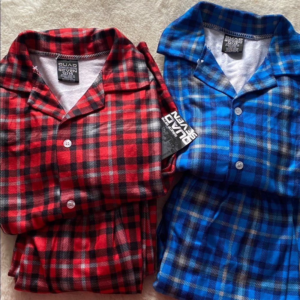 2 pairs NWT Quad Seven Fleece Flannel Pajamas Plaid Pattern Size 12/14